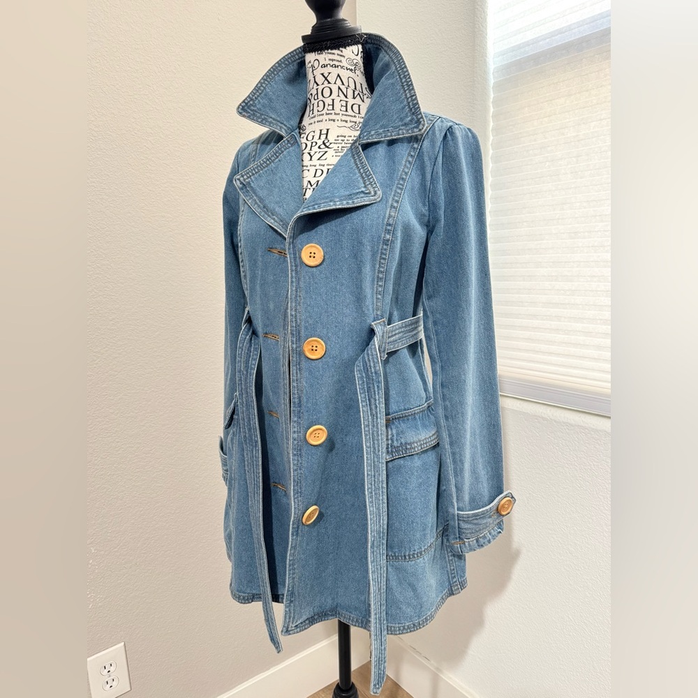 Vintage Forever 21 Denim Belted Jacket 2000s Y2K Trench Style XS - Picture 3 of 11